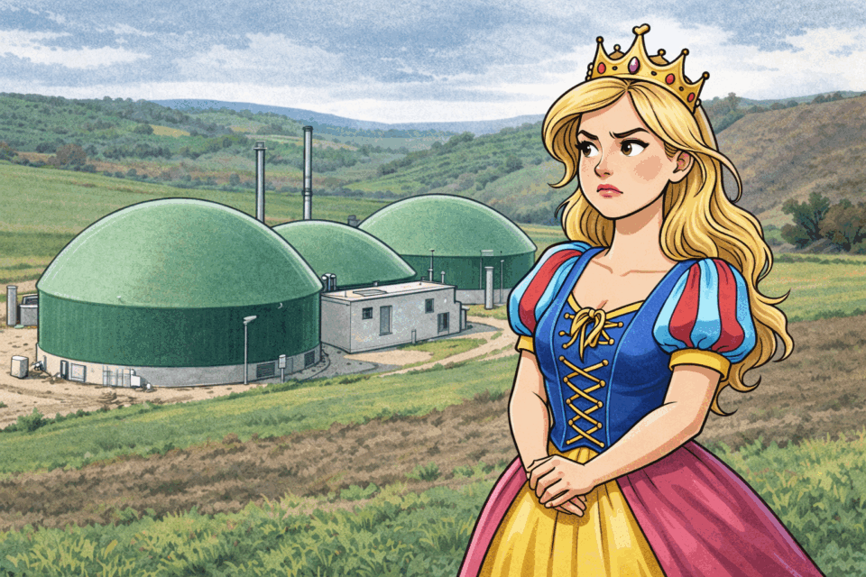Illustrazione satirica di una principessa delle fiabe davanti agli impianti di biogas di Osimo con digestori verdi in campagna.